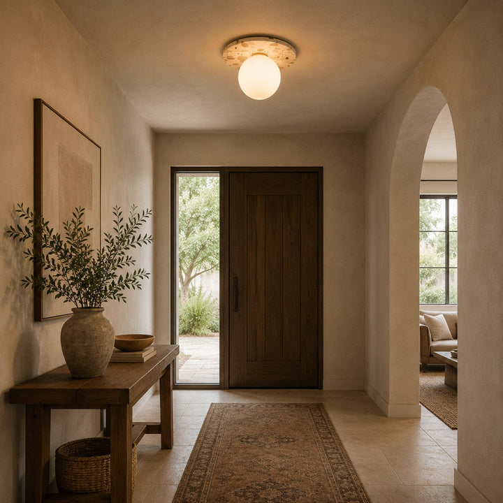 Modern Terrazzo Flush Mount Ceiling Light with Spherical Glass Shade and Copper Accents for Ambient Illumination