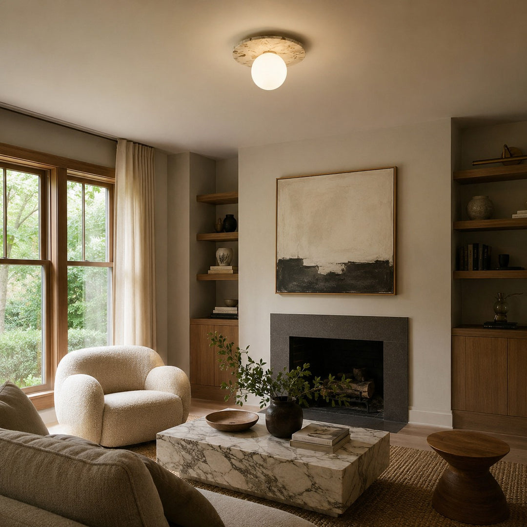 Modern Terrazzo Flush Mount Ceiling Light with Spherical Glass Shade and Copper Accents for Ambient Illumination