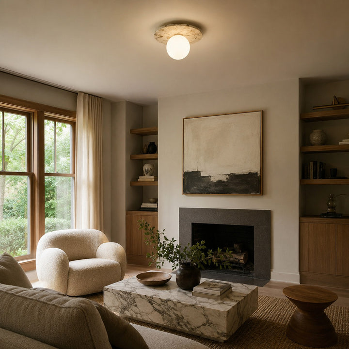 Modern Terrazzo Flush Mount Ceiling Light with Spherical Glass Shade and Copper Accents for Ambient Illumination