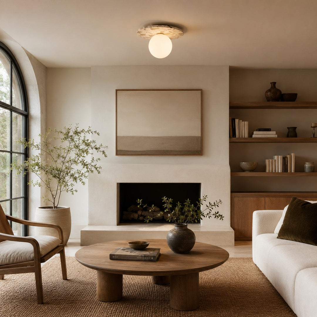 Modern Terrazzo Flush Mount Ceiling Light with Spherical Glass Shade and Copper Accents for Ambient Illumination
