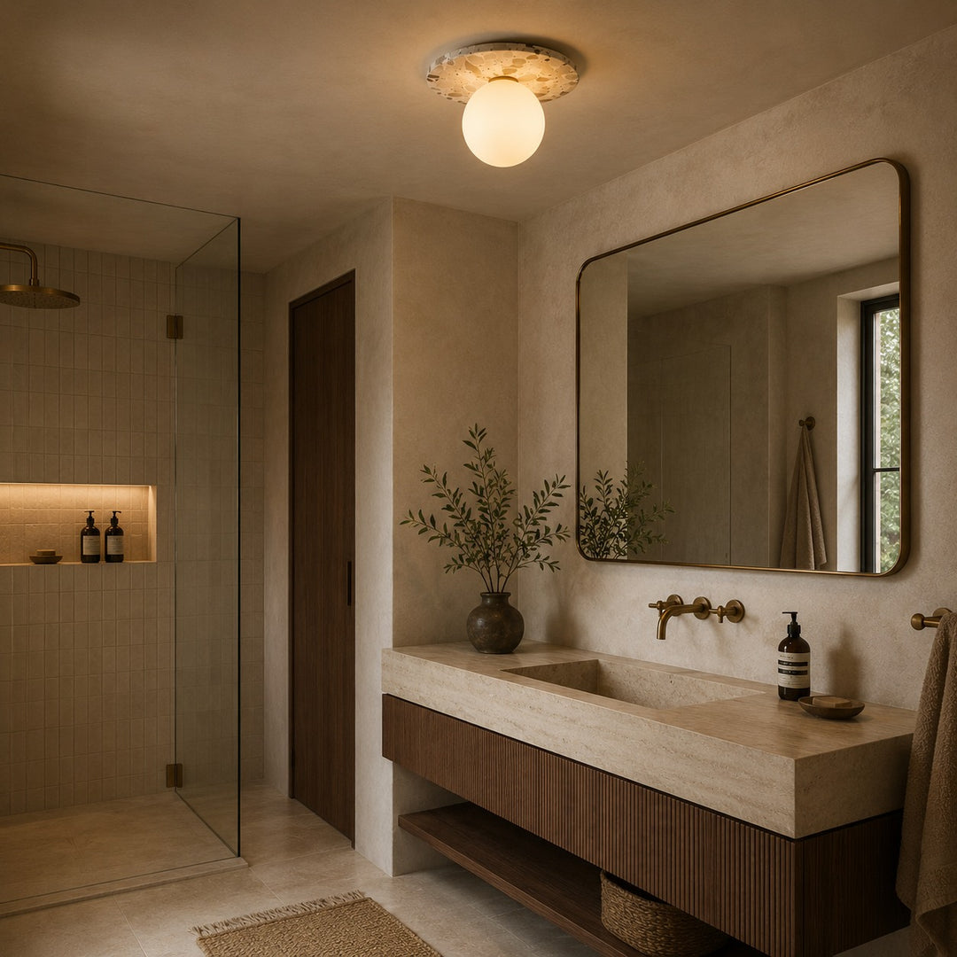 Modern Terrazzo Flush Mount Ceiling Light with Spherical Glass Shade and Copper Accents for Ambient Illumination