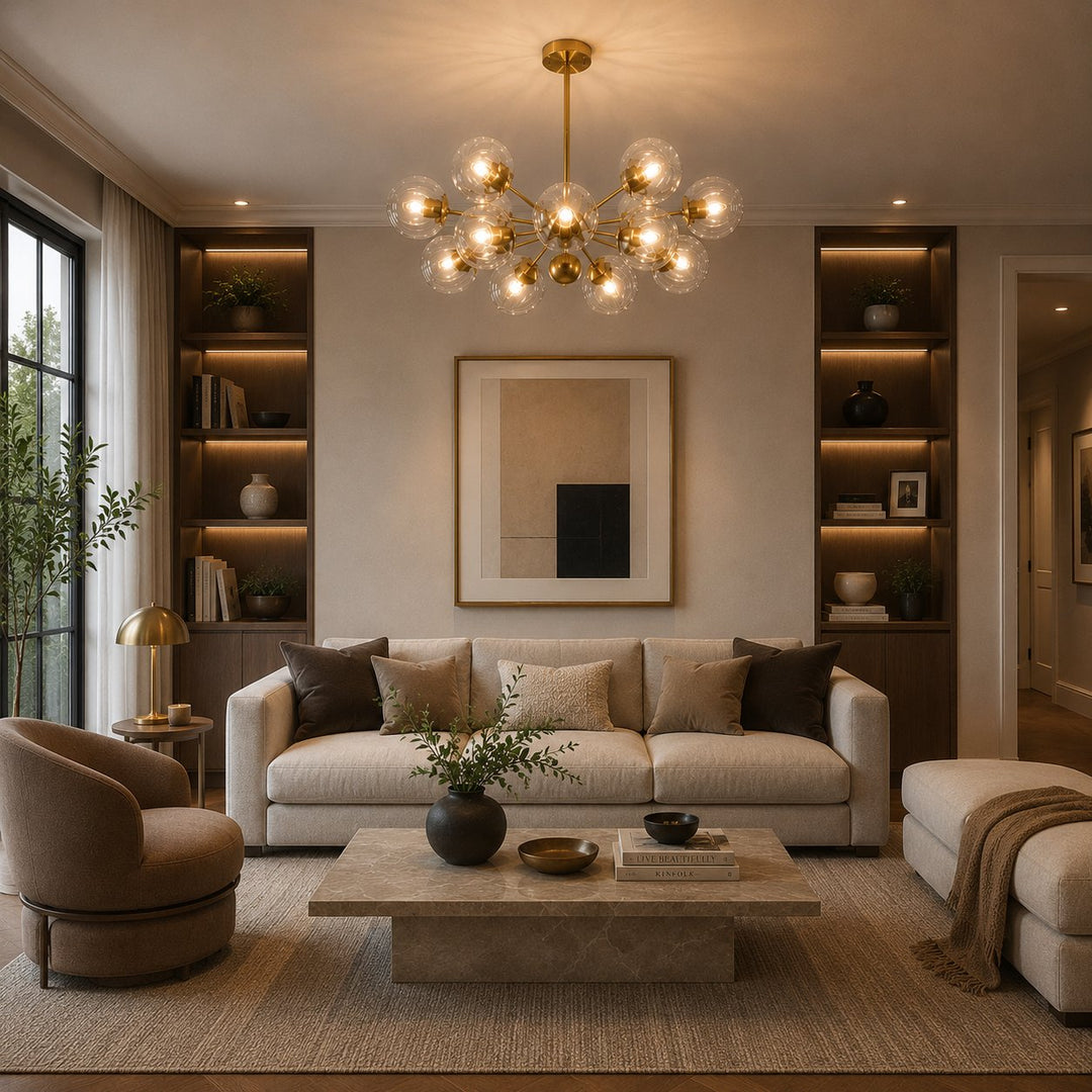 Modern Tiered Chandelier Hanging Brass Fixture with Ribbed Glass Globes and 12-Light Design