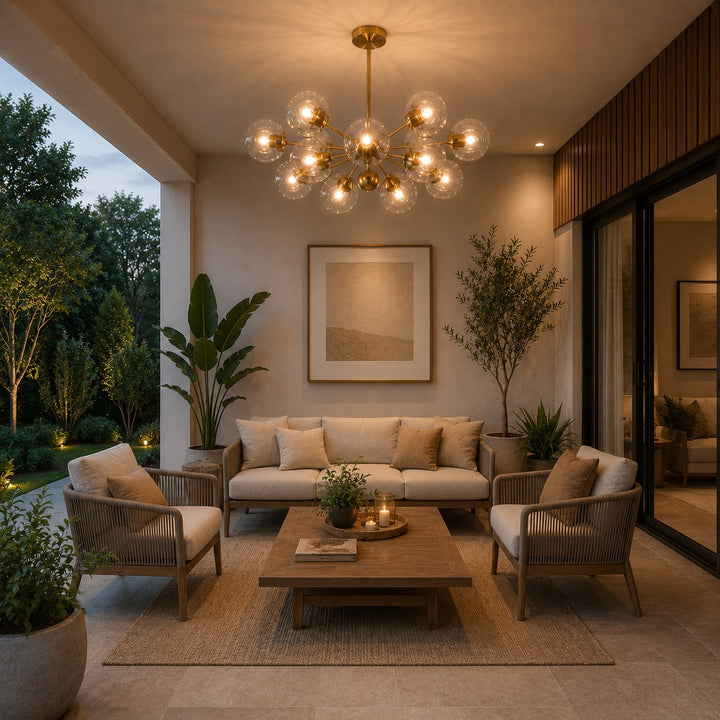 Modern Tiered Chandelier Hanging Brass Fixture with Ribbed Glass Globes and 12-Light Design