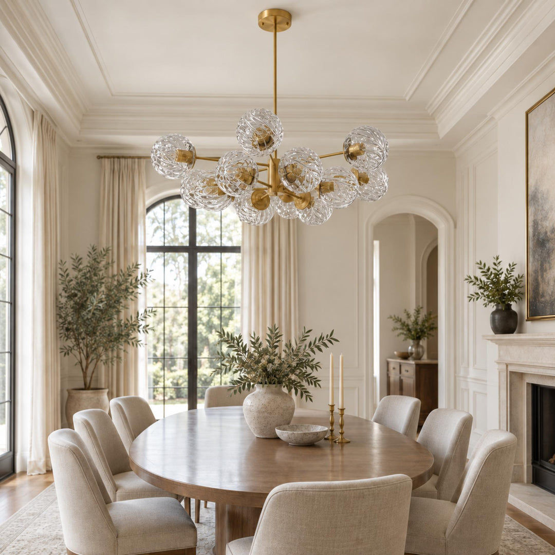Modern Tiered Chandelier Hanging Brass Fixture with Ribbed Glass Globes and 12-Light Design