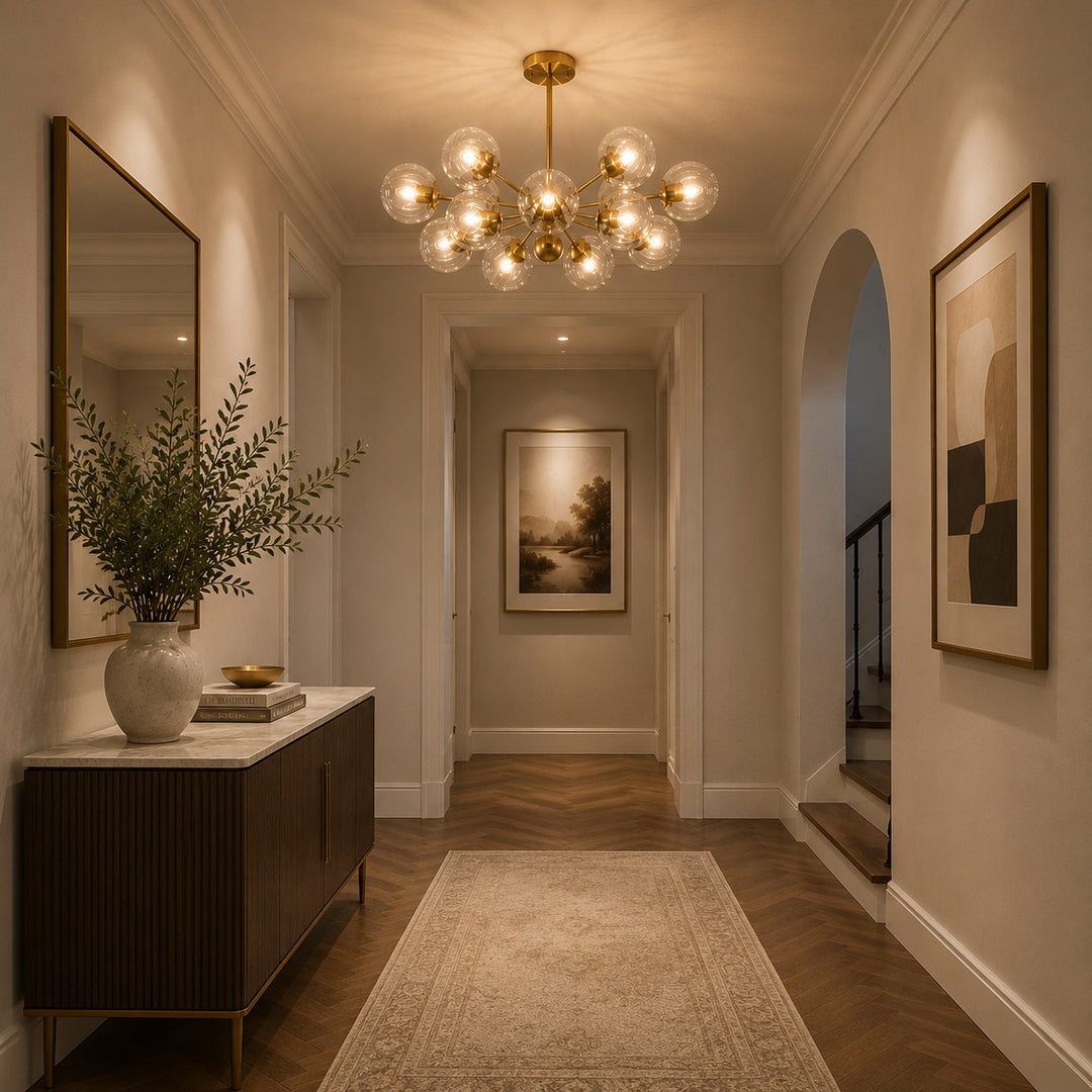 Modern Tiered Chandelier Hanging Brass Fixture with Ribbed Glass Globes and 12-Light Design