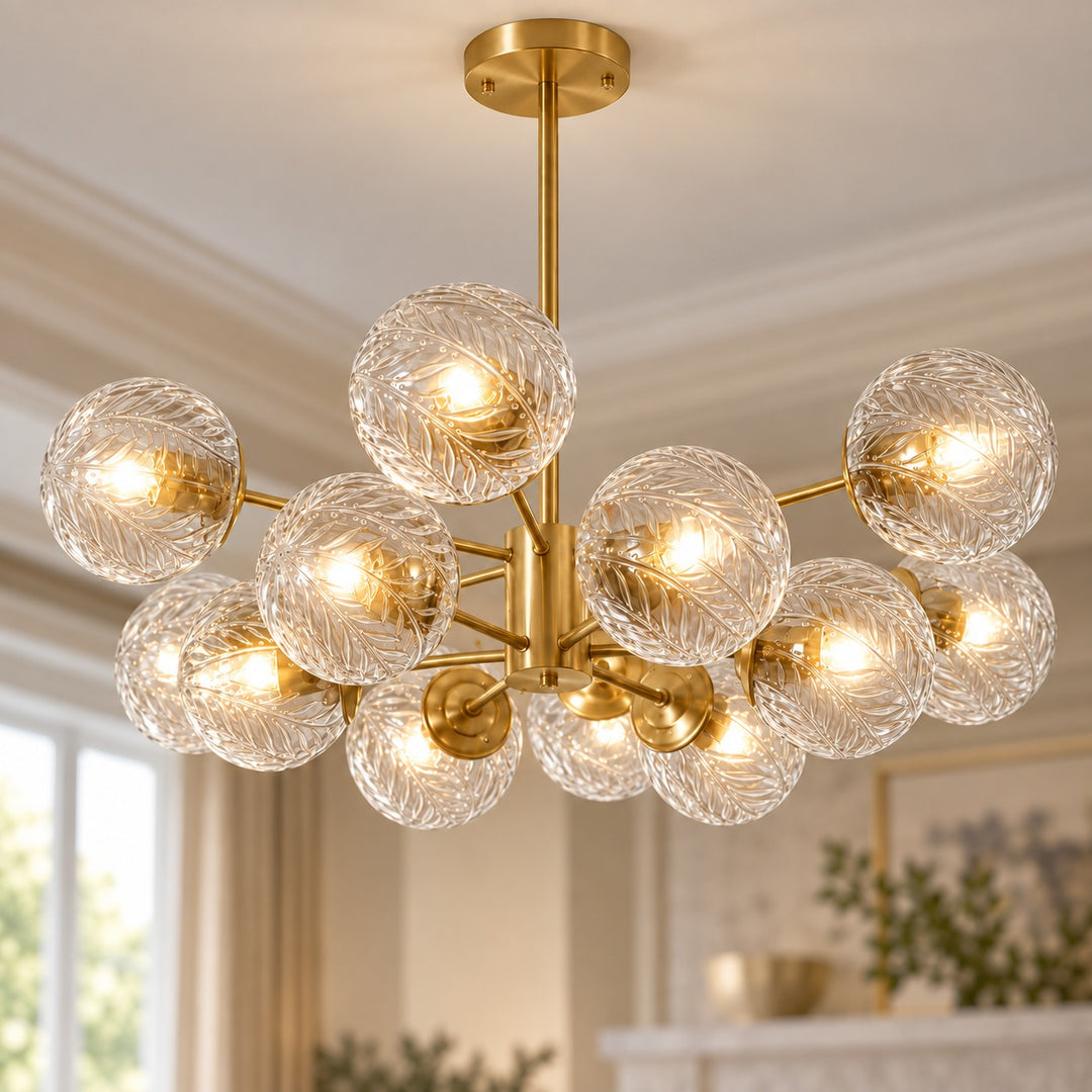 Modern Tiered Chandelier Hanging Brass Fixture with Ribbed Glass Globes and 12-Light Design