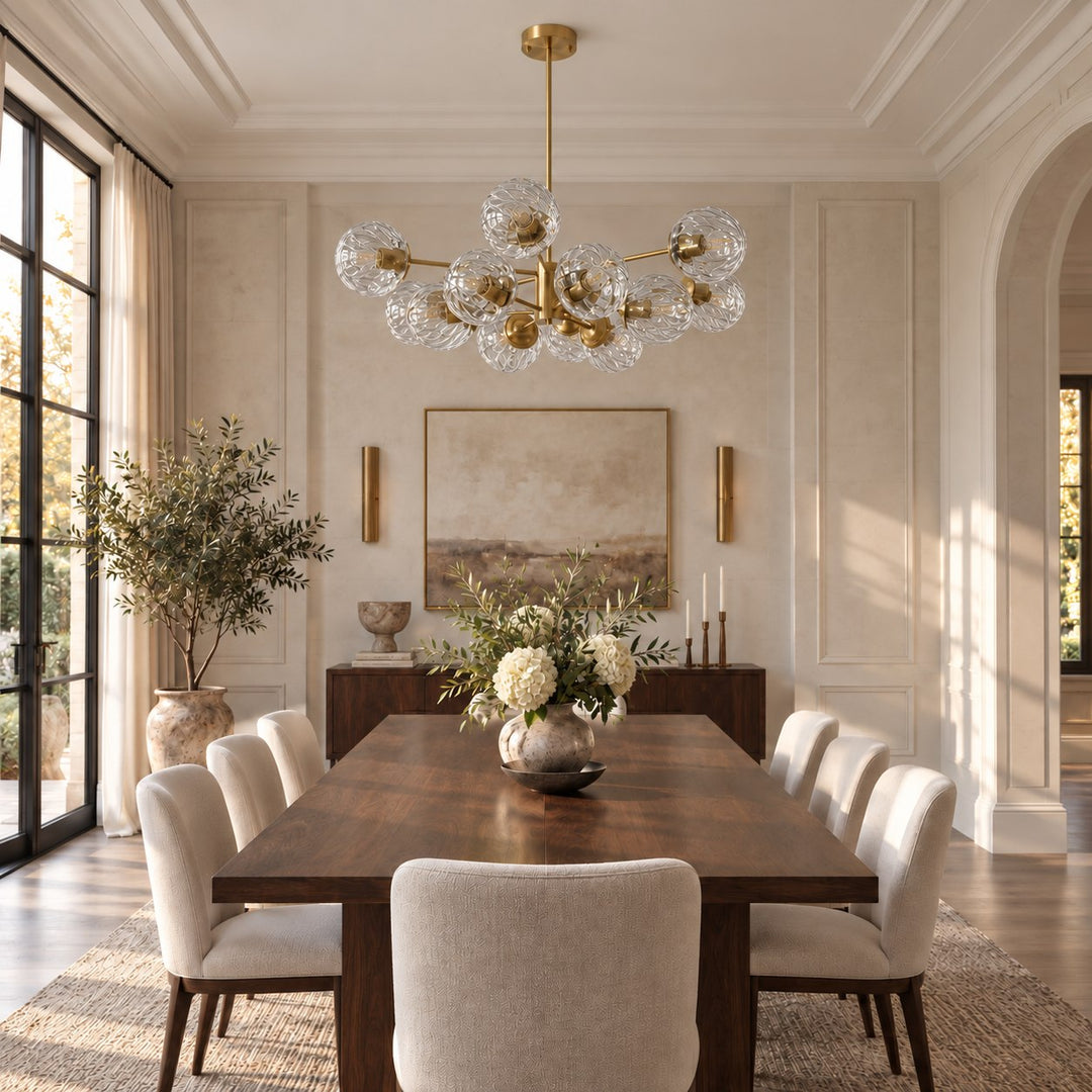 Modern Tiered Chandelier Hanging Brass Fixture with Ribbed Glass Globes and 12-Light Design