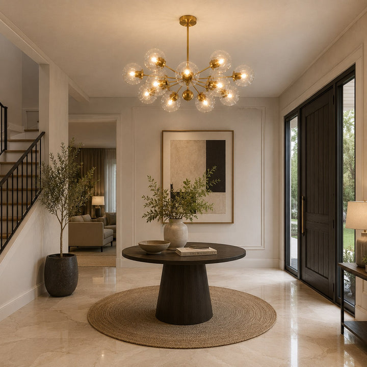 Modern Tiered Chandelier Hanging Brass Fixture with Ribbed Glass Globes and 12-Light Design