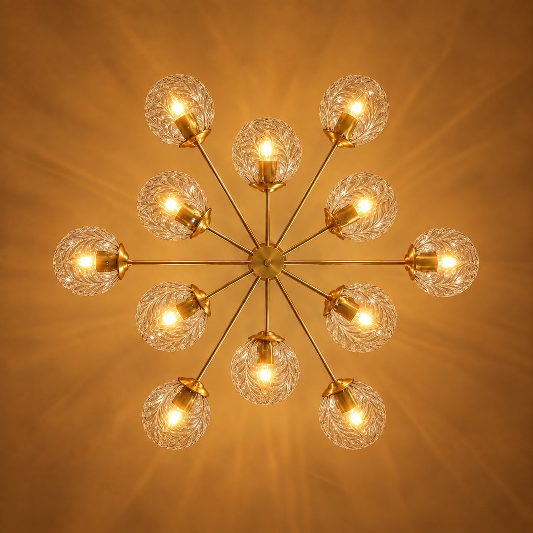 Modern Tiered Chandelier Hanging Brass Fixture with Ribbed Glass Globes and 12-Light Design