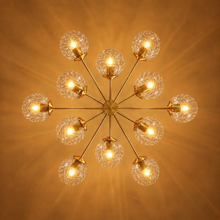 Modern Tiered Chandelier Hanging Brass Fixture with Ribbed Glass Globes and 12-Light Design