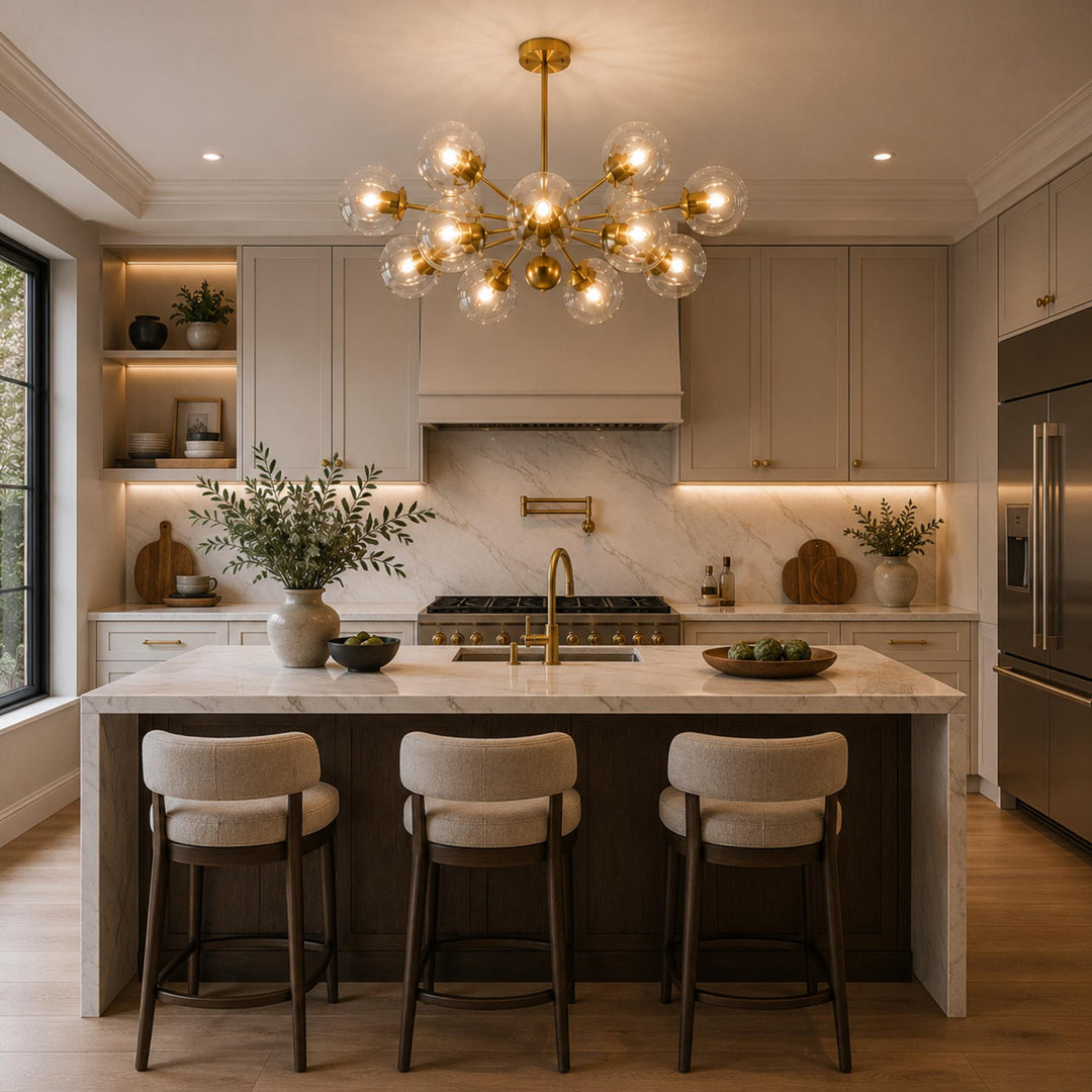 Modern Tiered Chandelier Hanging Brass Fixture with Ribbed Glass Globes and 12-Light Design