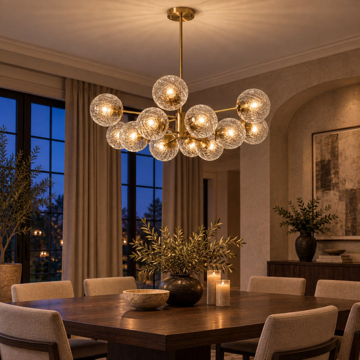 Modern Tiered Chandelier Hanging Brass Fixture with Ribbed Glass Globes and 12-Light Design