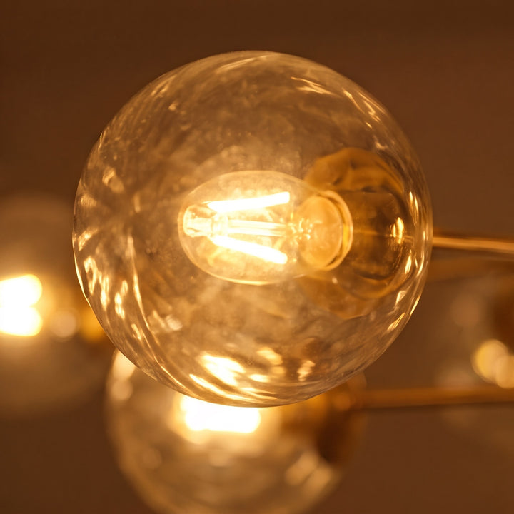 Modern Tiered Chandelier Hanging Brass Fixture with Ribbed Glass Globes and 12-Light Design