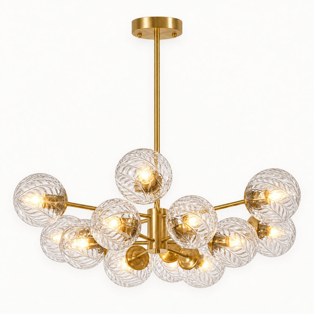 Modern Tiered Chandelier Hanging Brass Fixture with Ribbed Glass Globes and 12-Light Design