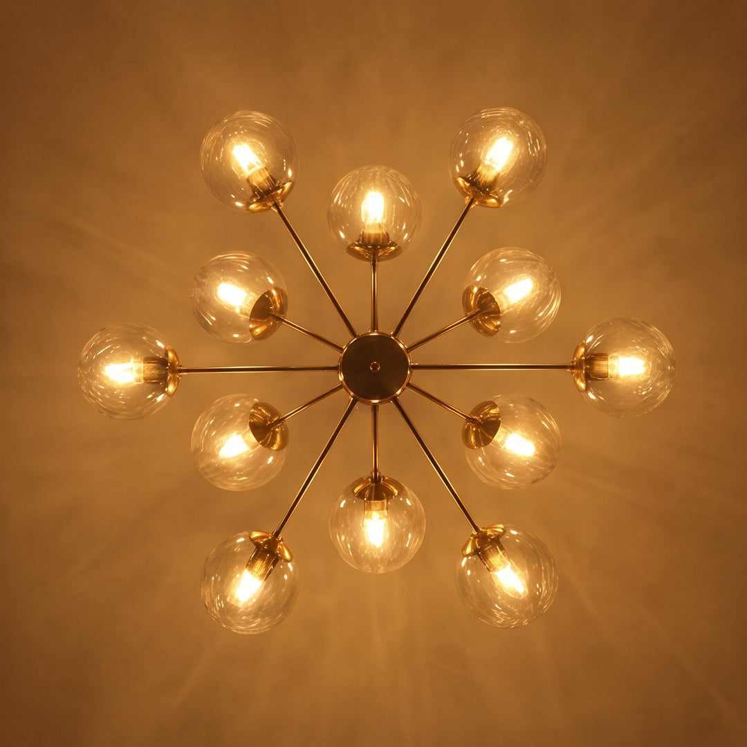 Modern Tiered Chandelier Hanging Brass Fixture with Ribbed Glass Globes and 12-Light Design