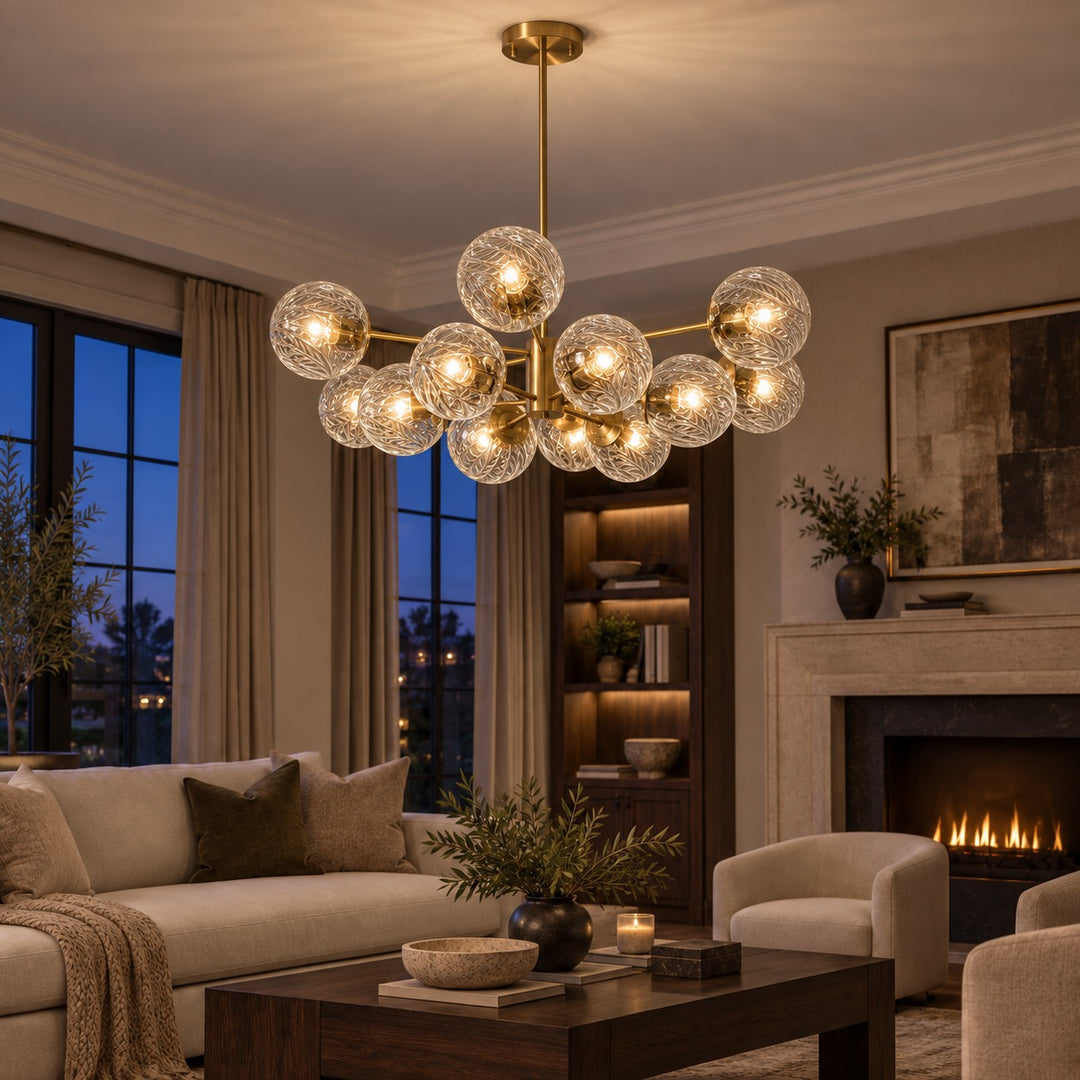 Modern Tiered Chandelier Hanging Brass Fixture with Ribbed Glass Globes and 12-Light Design