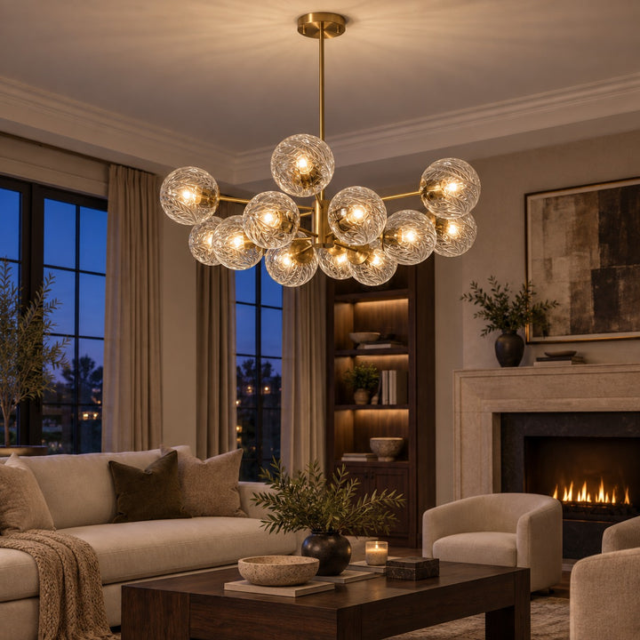 Modern Tiered Chandelier Hanging Brass Fixture with Ribbed Glass Globes and 12-Light Design