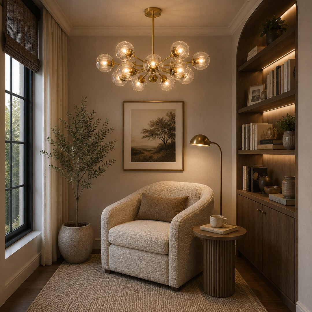 Modern Tiered Chandelier Hanging Brass Fixture with Ribbed Glass Globes and 12-Light Design