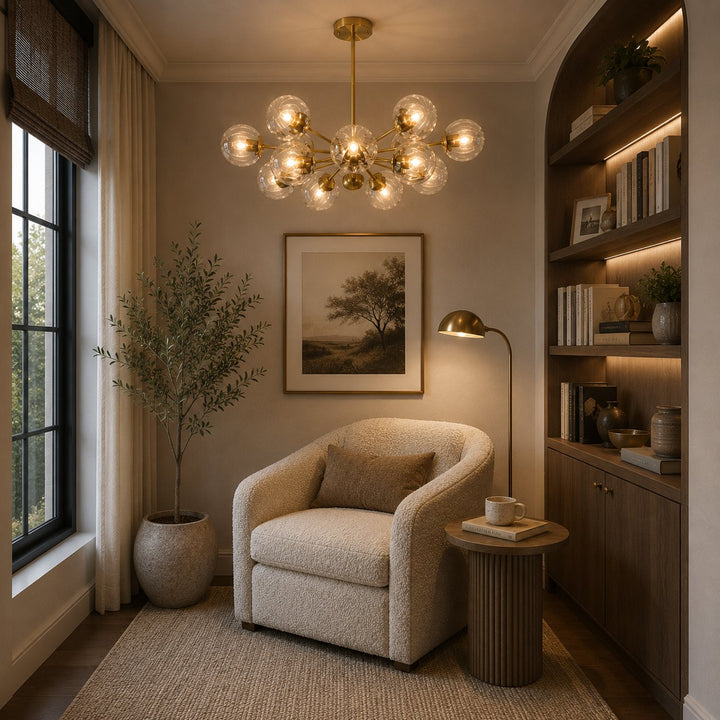 Modern Tiered Chandelier Hanging Brass Fixture with Ribbed Glass Globes and 12-Light Design