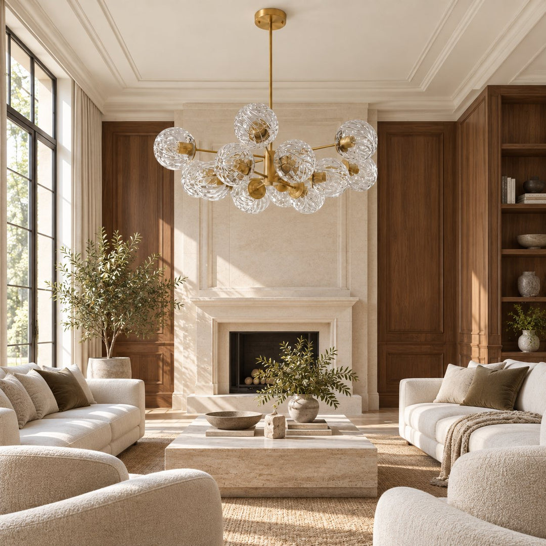 Modern Tiered Chandelier Hanging Brass Fixture with Ribbed Glass Globes and 12-Light Design