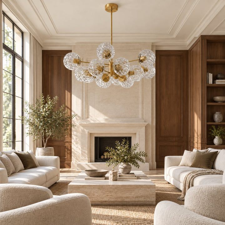 Modern Tiered Chandelier Hanging Brass Fixture with Ribbed Glass Globes and 12-Light Design