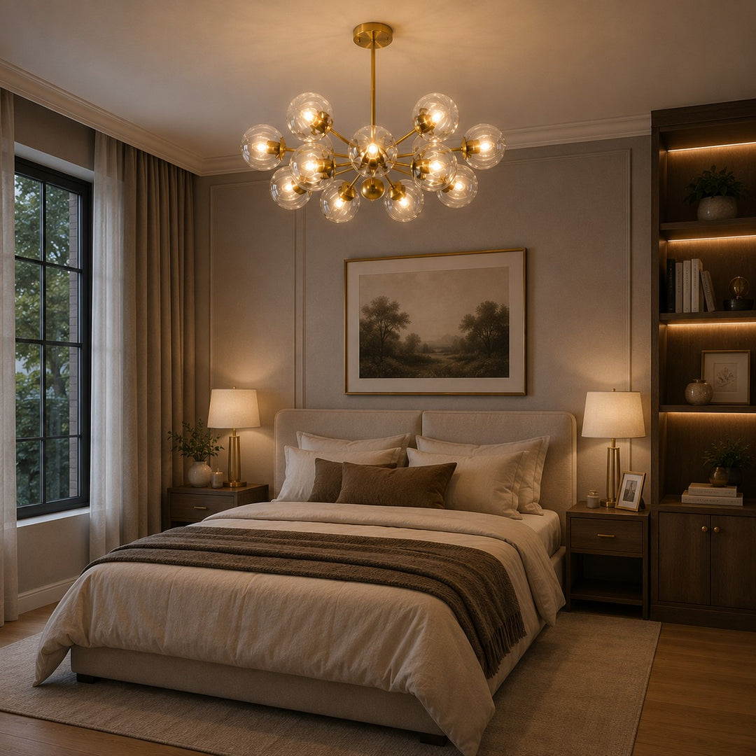 Modern Tiered Chandelier Hanging Brass Fixture with Ribbed Glass Globes and 12-Light Design