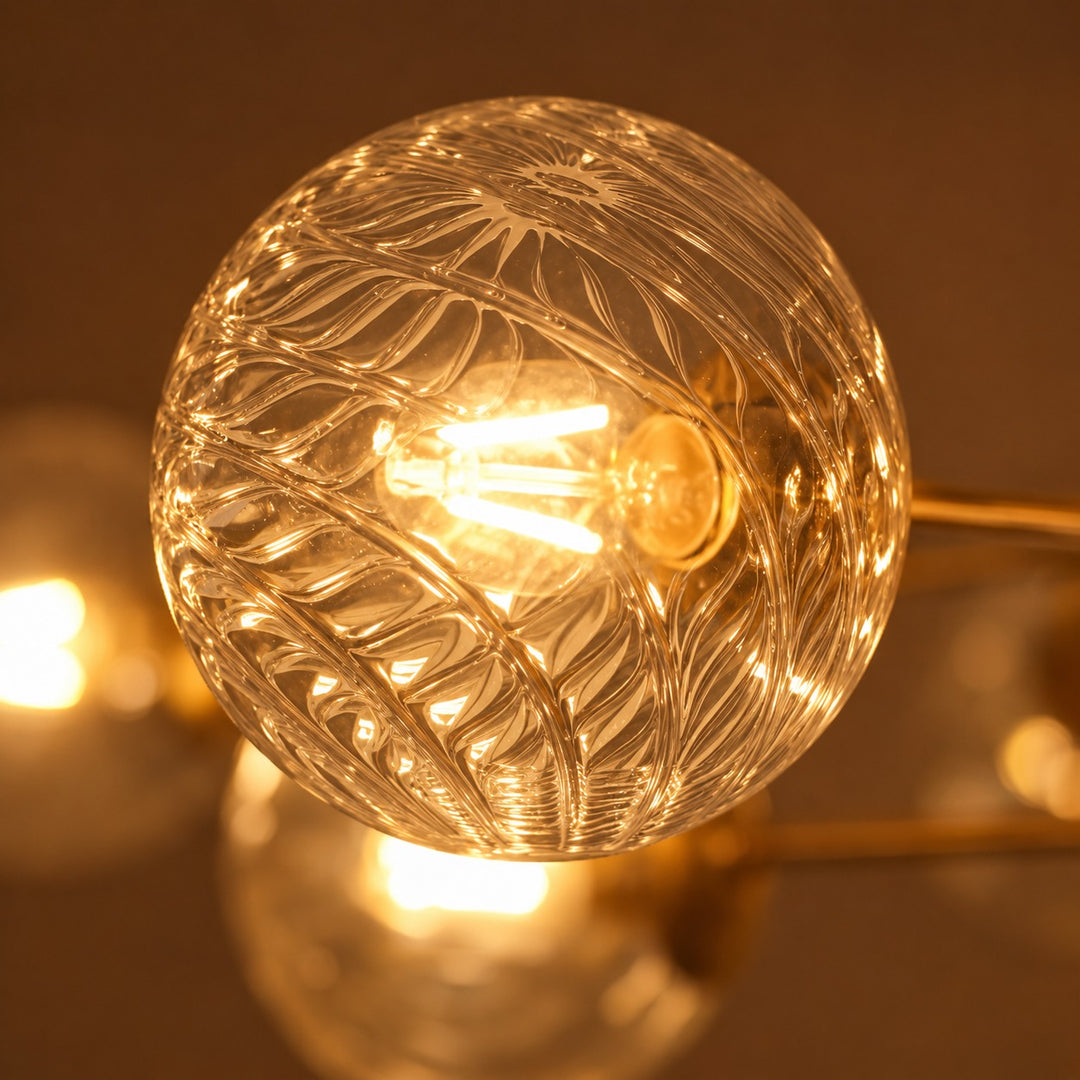 Modern Tiered Chandelier Hanging Brass Fixture with Ribbed Glass Globes and 12-Light Design
