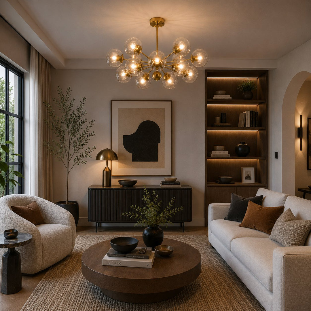 Modern Tiered Chandelier Hanging Brass Fixture with Ribbed Glass Globes and 12-Light Design