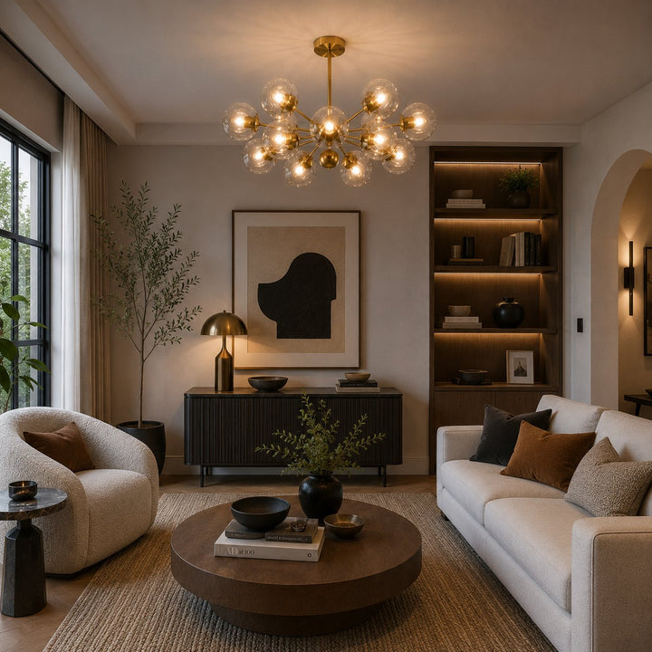 Modern Tiered Chandelier Hanging Brass Fixture with Ribbed Glass Globes and 12-Light Design