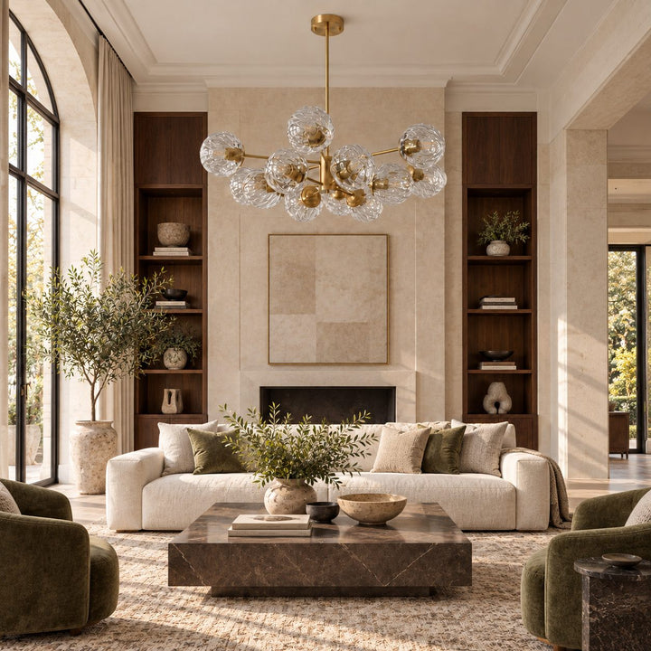 Modern Tiered Chandelier Hanging Brass Fixture with Ribbed Glass Globes and 12-Light Design