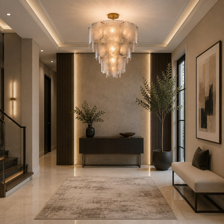 Modern Tiered Glass Chandelier Adjustable Hanging Fixture Metal LED Light for Dining Rooms