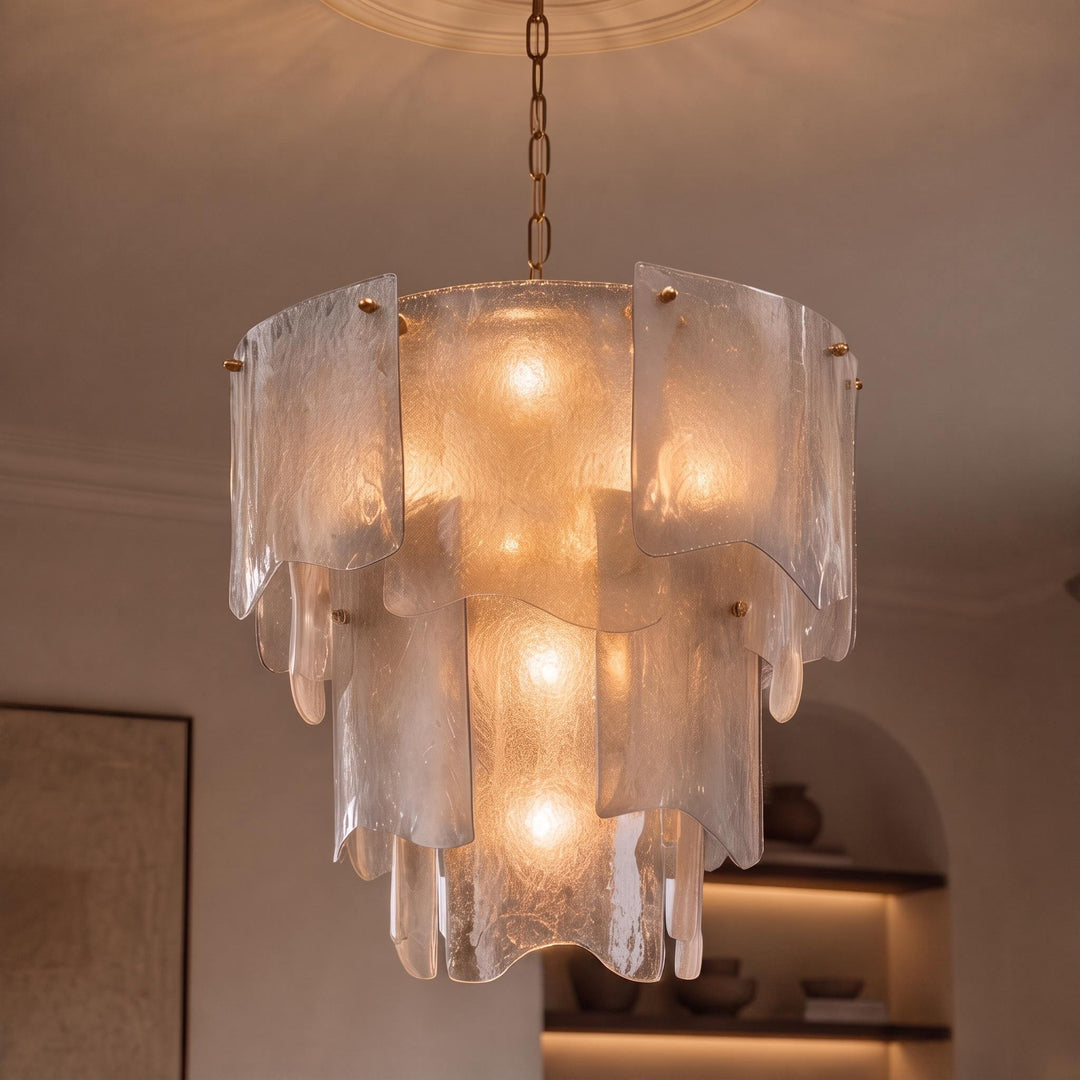 Modern Tiered Glass Chandelier Adjustable Hanging Fixture Metal LED Light for Dining Rooms