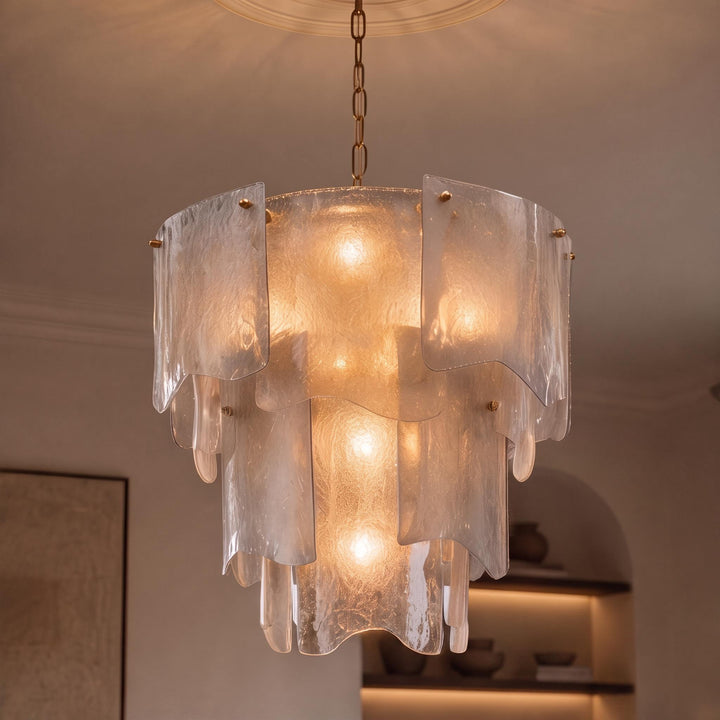 Modern Tiered Glass Chandelier Adjustable Hanging Fixture Metal LED Light for Dining Rooms
