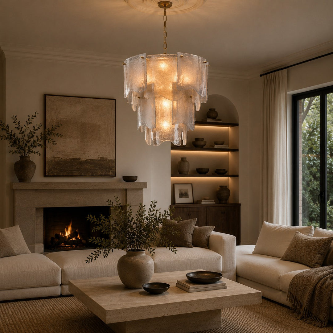 Modern Tiered Glass Chandelier Adjustable Hanging Fixture Metal LED Light for Dining Rooms