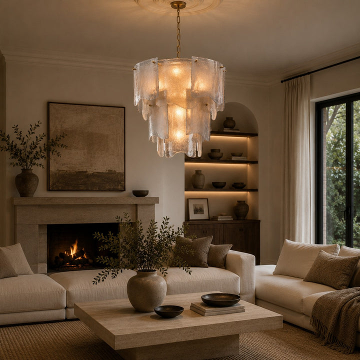 Modern Tiered Glass Chandelier Adjustable Hanging Fixture Metal LED Light for Dining Rooms