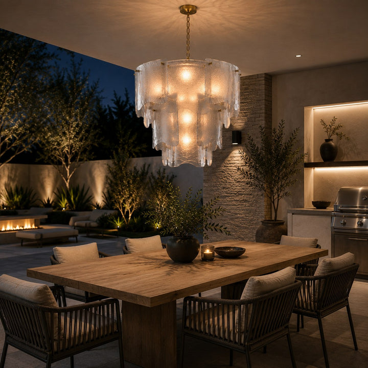 Modern Tiered Glass Chandelier Adjustable Hanging Fixture Metal LED Light for Dining Rooms