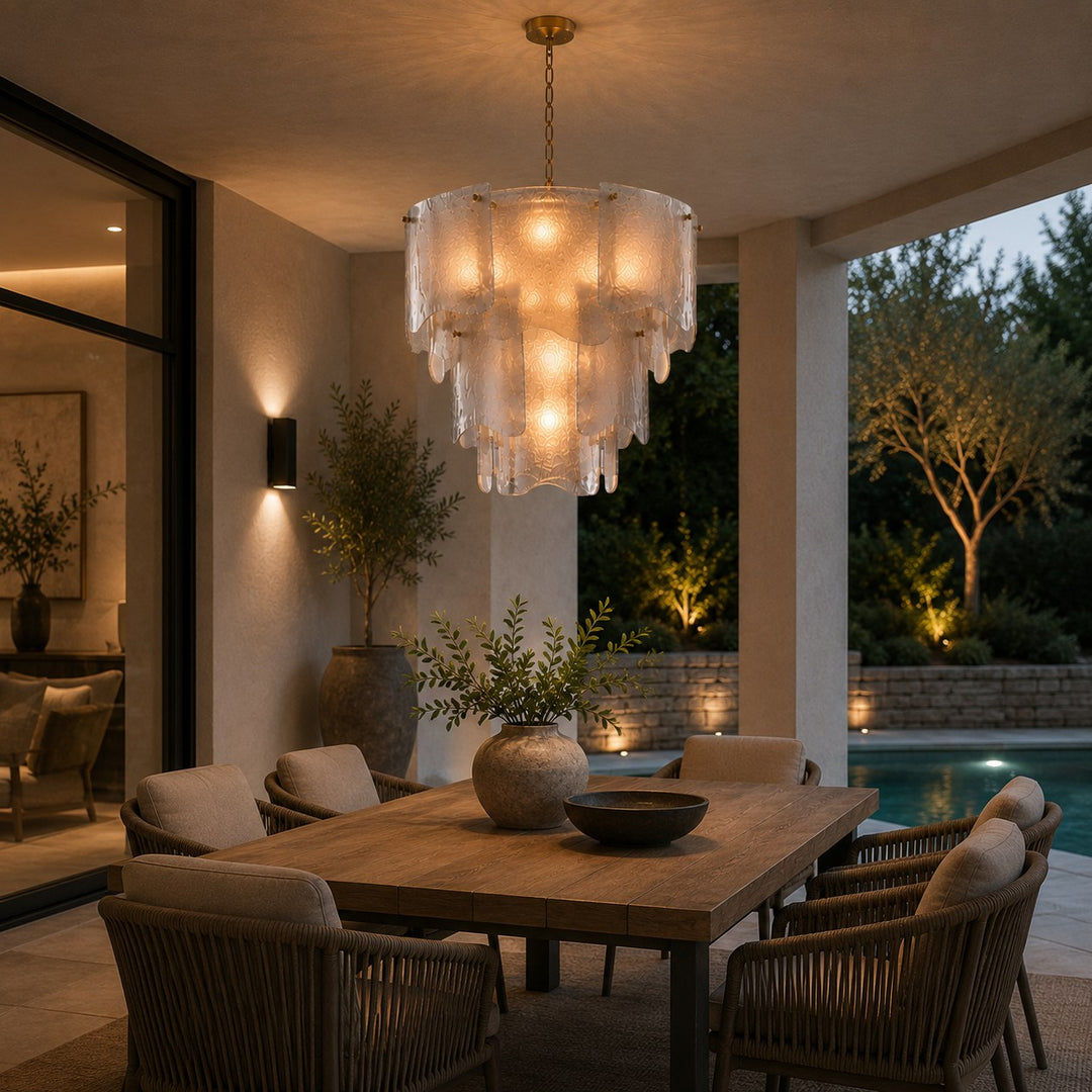 Modern Tiered Glass Chandelier Adjustable Hanging Fixture Metal LED Light for Dining Rooms