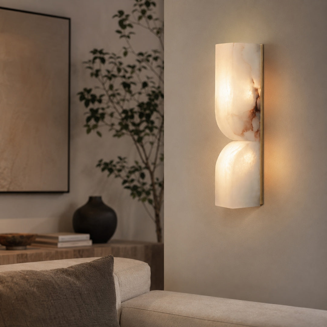 Modern Wall Light Wall Mounted Alabaster Sconce with Copper Accents LED Warm Ambient Lighting