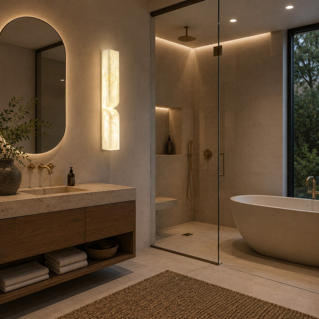 Modern Wall Light Wall Mounted Alabaster Sconce with Copper Accents LED Warm Ambient Lighting