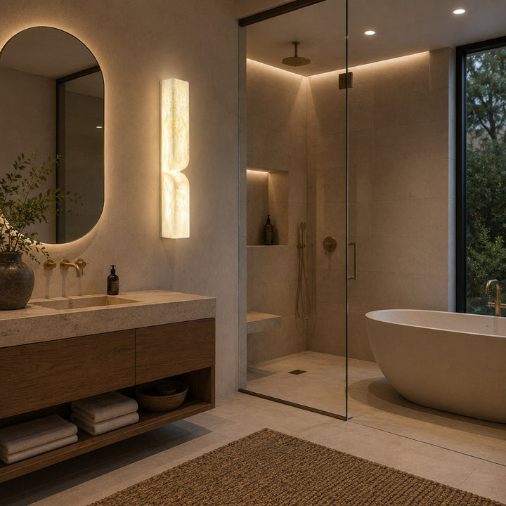 Modern Wall Light Wall Mounted Alabaster Sconce with Copper Accents LED Warm Ambient Lighting