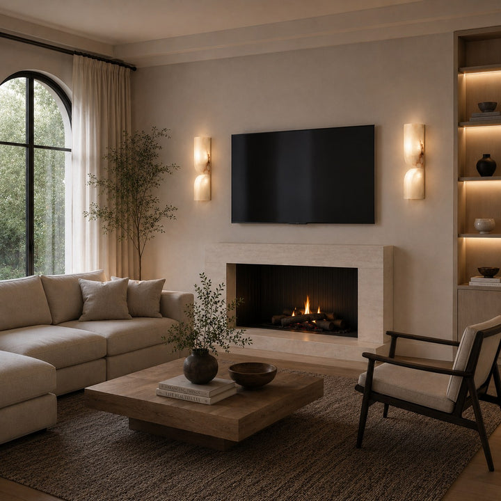 Modern Wall Light Wall Mounted Alabaster Sconce with Copper Accents LED Warm Ambient Lighting