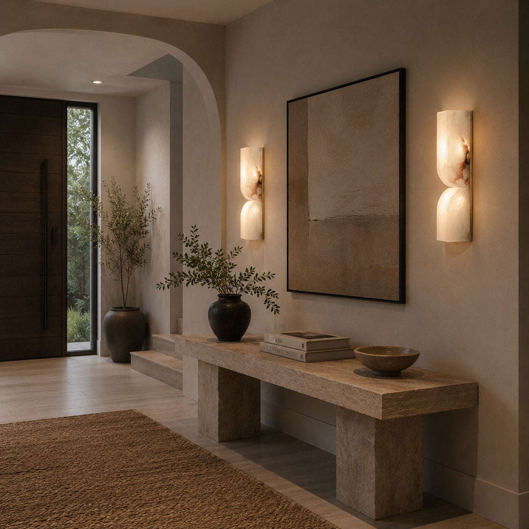 Modern Wall Light Wall Mounted Alabaster Sconce with Copper Accents LED Warm Ambient Lighting