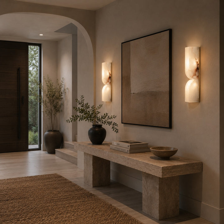 Modern Wall Light Wall Mounted Alabaster Sconce with Copper Accents LED Warm Ambient Lighting