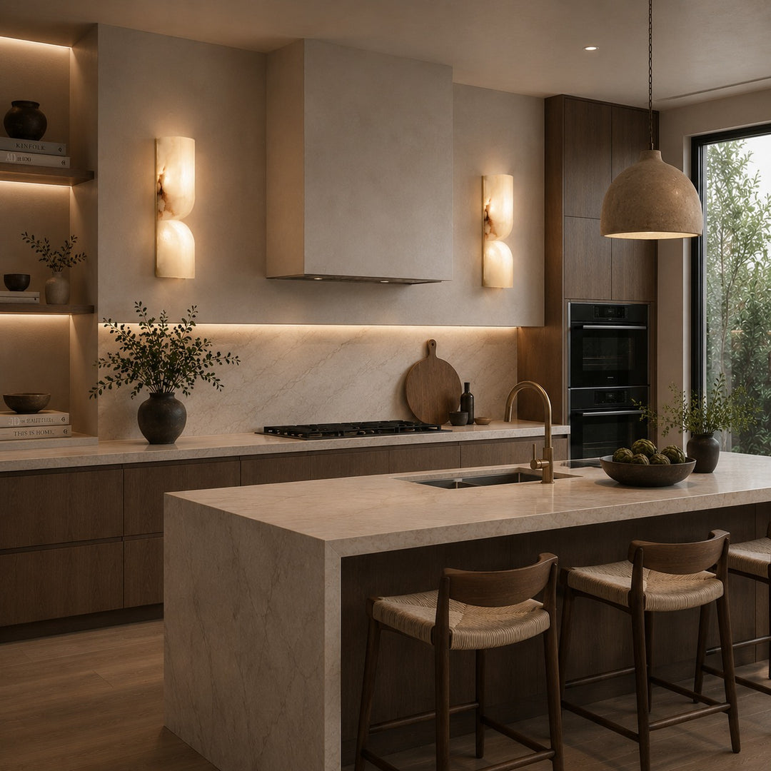 Modern Wall Light Wall Mounted Alabaster Sconce with Copper Accents LED Warm Ambient Lighting