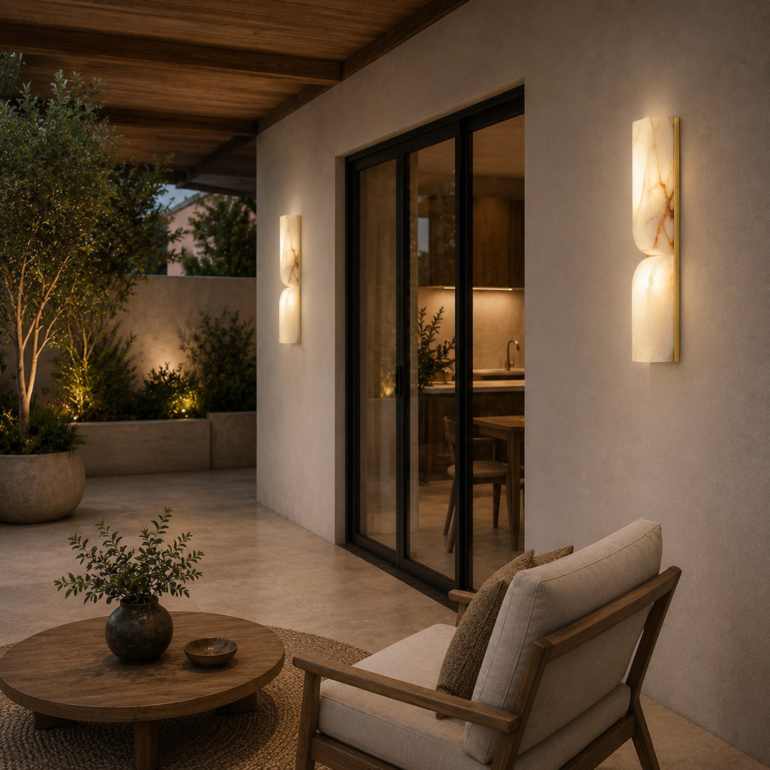Modern Wall Light Wall Mounted Alabaster Sconce with Copper Accents LED Warm Ambient Lighting