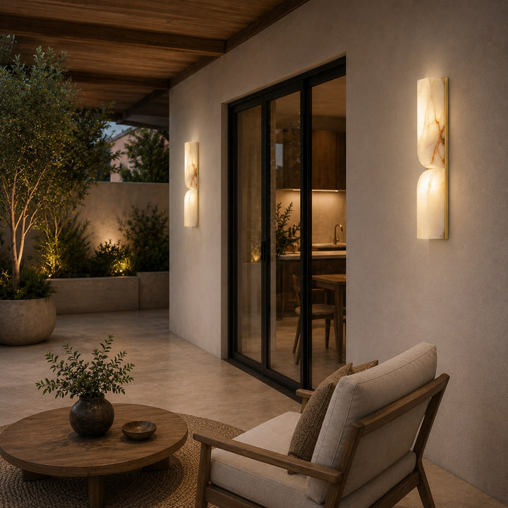 Modern Wall Light Wall Mounted Alabaster Sconce with Copper Accents LED Warm Ambient Lighting