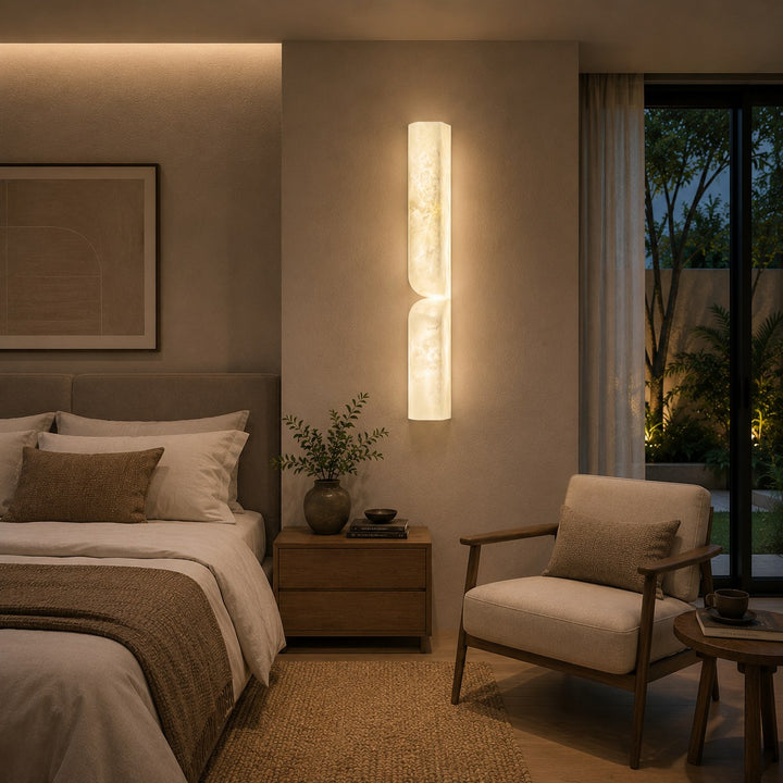 Modern Wall Light Wall Mounted Alabaster Sconce with Copper Accents LED Warm Ambient Lighting
