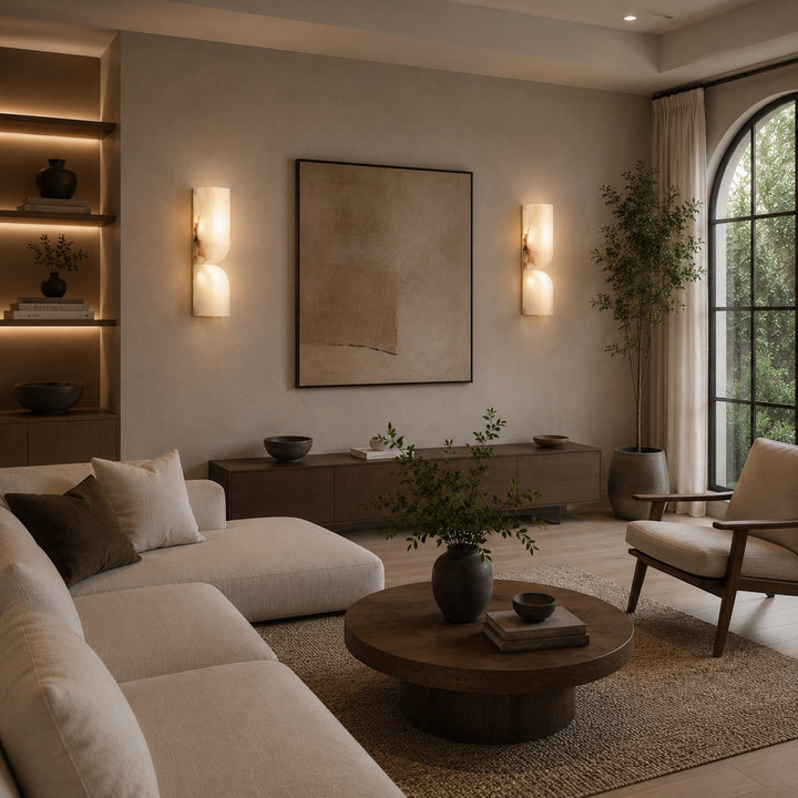 Modern Wall Light Wall Mounted Alabaster Sconce with Copper Accents LED Warm Ambient Lighting
