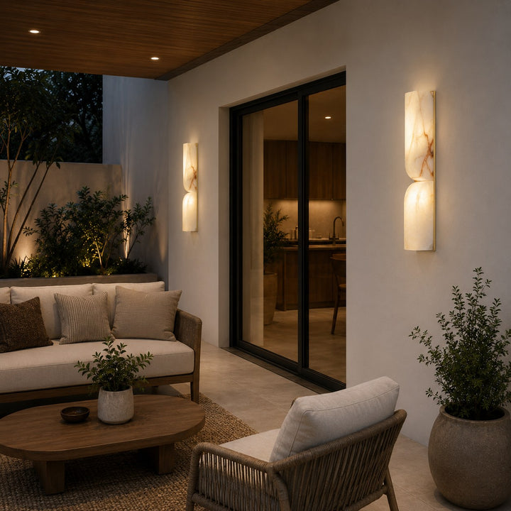 Modern Wall Light Wall Mounted Alabaster Sconce with Copper Accents LED Warm Ambient Lighting