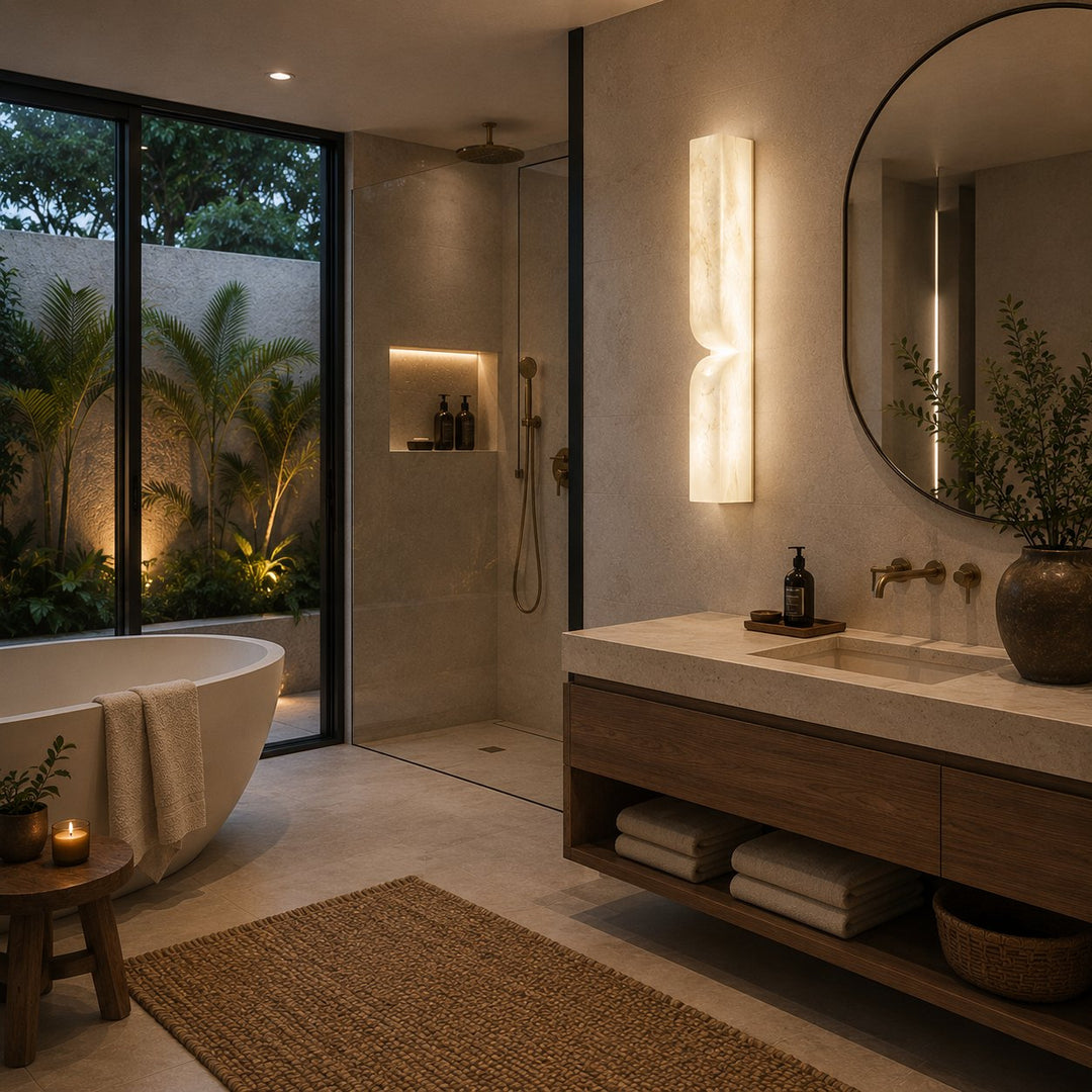 Modern Wall Light Wall Mounted Alabaster Sconce with Copper Accents LED Warm Ambient Lighting